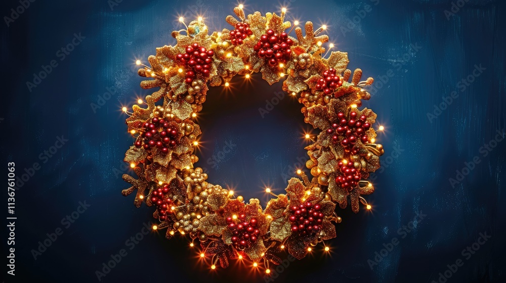 A festive wreath adorned with berries and lights, perfect for holiday decoration. A festive wreath adorned with berries and lights, perfect for holiday decoration.