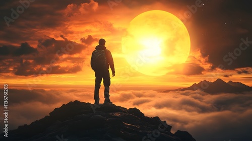 Silhouette of a Hiker Standing on a Mountain Peak Against a Vibrant Sunset with Clouds and a Golden Sun in the Sky, Symbolizing Adventure and Exploration