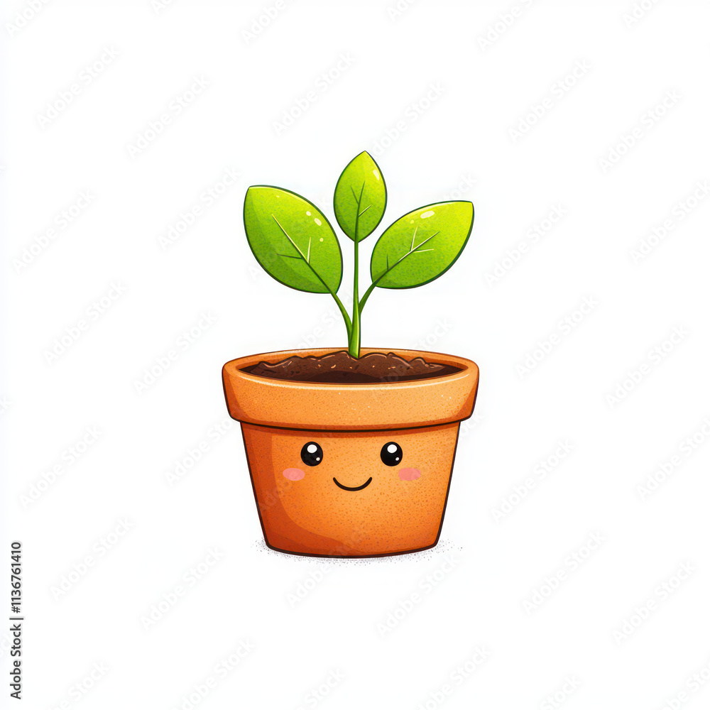 Cute of smiling plant in brown pot with green leaves, symbolizing growth and nature Cute of smiling plant in brown pot with green leaves, symbolizing growth and nature