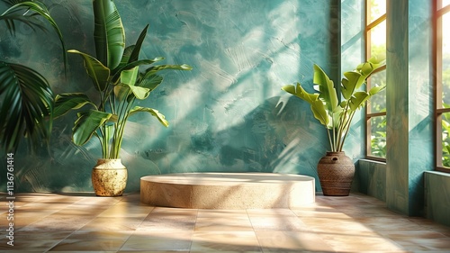 an empty product podium with warm pastel olive backdrop