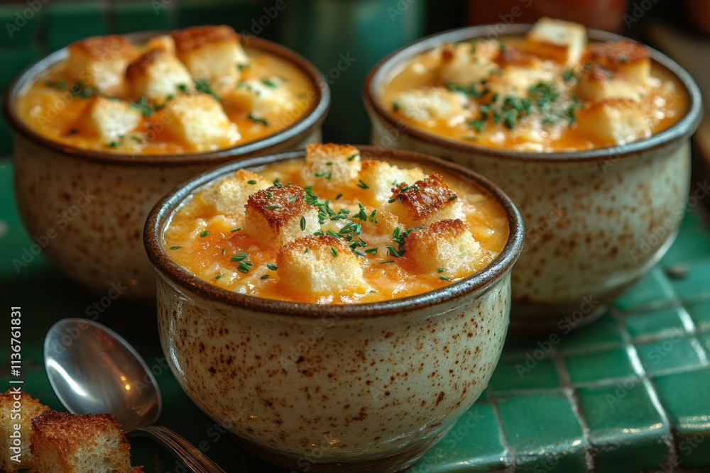 Rustic bowls of creamy soup topped with golden croutons and fresh herbs, ideal for cozy dining, food blogs, and culinary presentations Rustic bowls of creamy soup topped with golden croutons and fresh herbs, ideal for cozy dining, food blogs, and culinary presentations