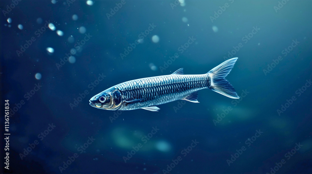 Naklejka premium A herring floating peacefully in cold, dark ocean waters, its silvery-blue scales glinting faintly in the dim light. 