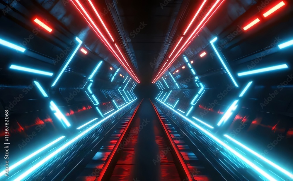 Futuristic neon tunnel with red and blue lights. Futuristic neon tunnel with red and blue lights.