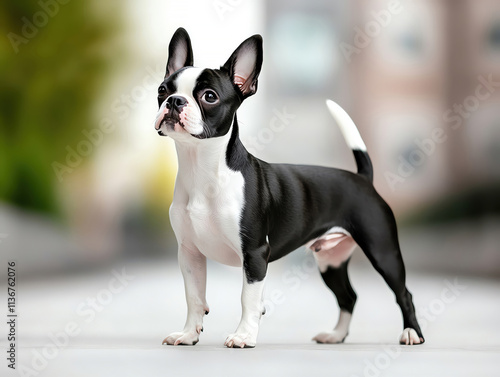 Boston Terrier Puppy Standing on Pavement photo