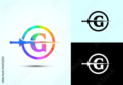 English alphabet G with spear lance. Creative spear logo design template
