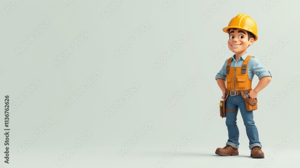3D illustration of a builder standing at full height on the right side of the screen 3D illustration of a builder standing at full height on the right side of the screen