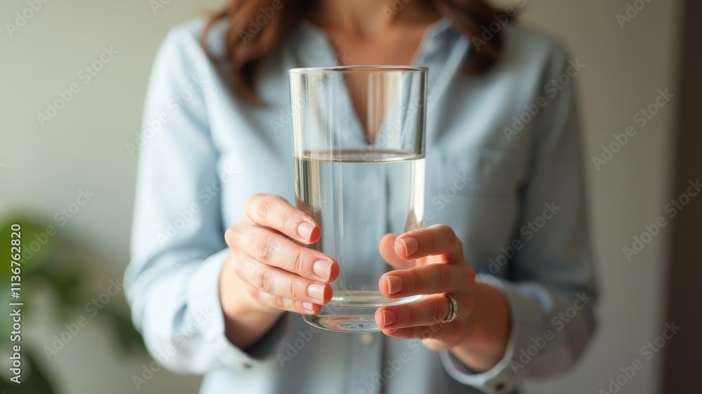 a woman holds a glass of water in front of her with both hands a woman holds a glass of water in front of her with both hands