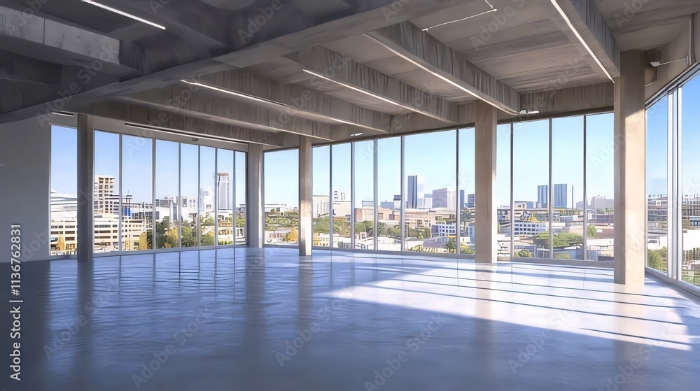 Empty modern office space with city view. Empty modern office space with city view.
