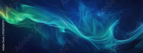 Abstract teal and green smoke swirls on dark blue background.