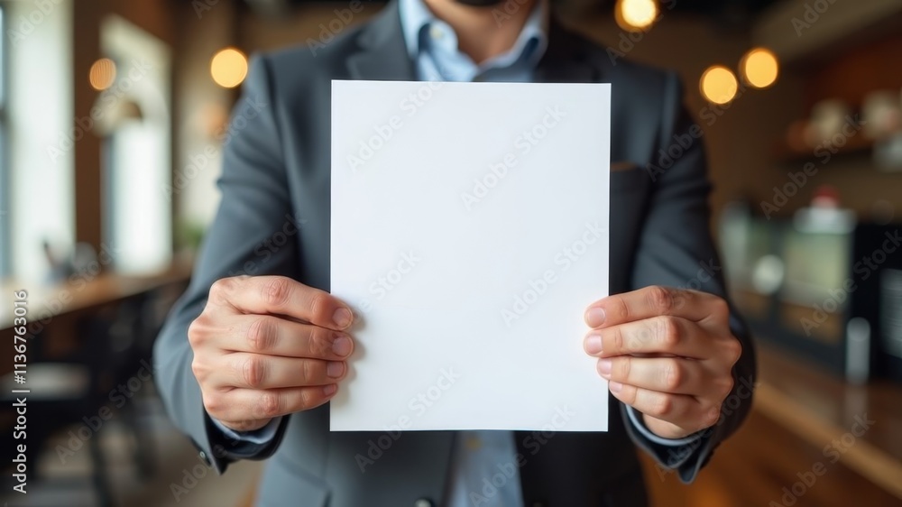man holding white sheet of paper in front of him in office man holding white sheet of paper in front of him in office