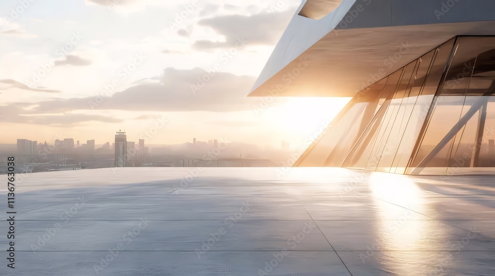 Modern building rooftop at sunset, city skyline view. Modern building rooftop at sunset, city skyline view.