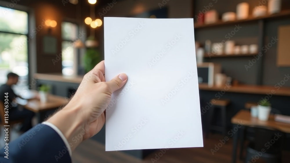 left hand holding a sheet of A4 paper under text on the background of a coffee shop left hand holding a sheet of A4 paper under text on the background of a coffee shop