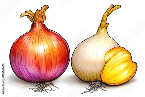 Composición de cebolla roja entera con piel púrpura y cebolla amarilla cortada mostrando su interior brillante