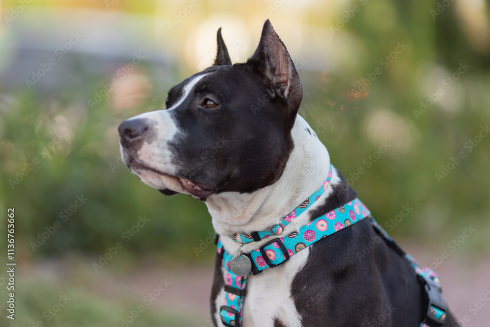 An American Staffordshire Terrier dog in a beautiful harness in the park An American Staffordshire Terrier dog in a beautiful harness in the park
