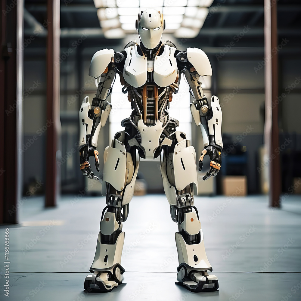 Advanced Humanoid Robot Standing in a High-Tech Industrial Facility Advanced Humanoid Robot Standing in a High-Tech Industrial Facility