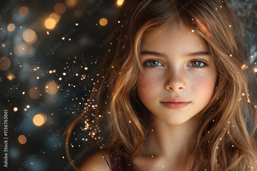 Portrait of a young girl with sparkling lights, perfect for festive promotions, storytelling visuals, or magical-themed designs Portrait of a young girl with sparkling lights, perfect for festive promotions, storytelling visuals, or magical-themed designs