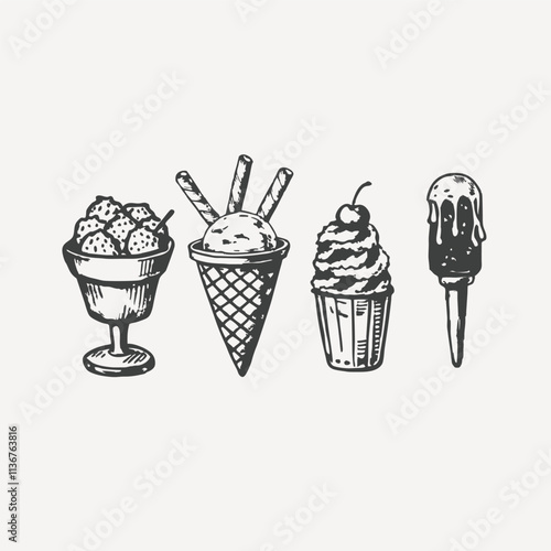 Ice Creams Set, Sweet Tasty Desserts, Ice Cream Waffle Cones, Popsicles with Different Toppings Black silhouette Vector Illustration