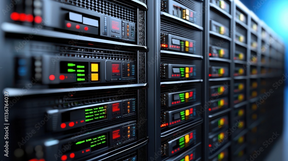 Data Center Server Racks with Lights and Network Equipment Data Center Server Racks with Lights and Network Equipment