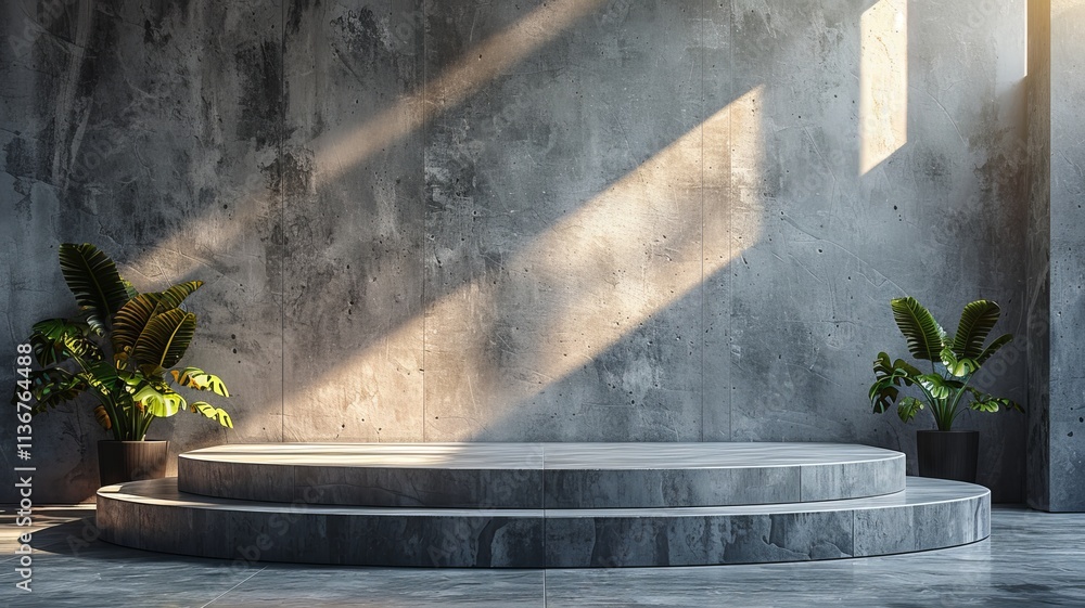 A minimalist concrete podium with a rough texture, set in an industrial-style environment with a grey background and soft, natural light streaming in from one side A minimalist concrete podium with a rough texture, set in an industrial-style environment with a grey background and soft, natural light streaming in from one side