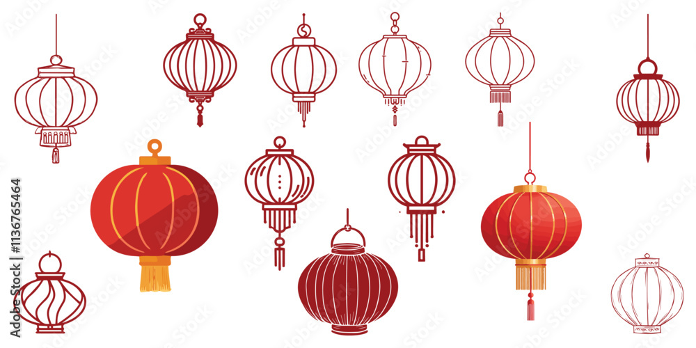 Traditional Chinese Lanterns for Lunar New Year. Red Lamps Festival 3d China Traditional Element Vector Set Traditional Chinese Lanterns for Lunar New Year. Red Lamps Festival 3d China Traditional Element Vector Set
