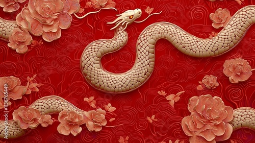 Chinese Dragon New Year Background. Paper Cut Style, Traditional Festive, Zodiac

 photo