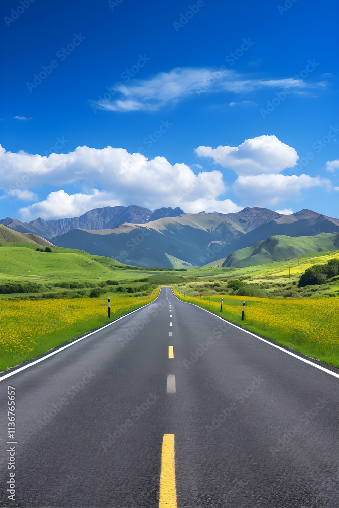 Fototapeta premium Open Road Adventure: An Inviting Asphalt Road to The Horizon Between Mountains and Blue Sky