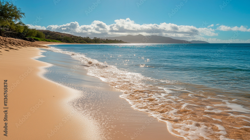 Sunlight Reflecting off Ocean Waves Gently Lapping onto the Sandy Beach for Peaceful Seaside Scene
Sunlight Reflecting off Ocean Waves Gently Lapping onto the Sandy Beach for Peaceful Seaside Scene