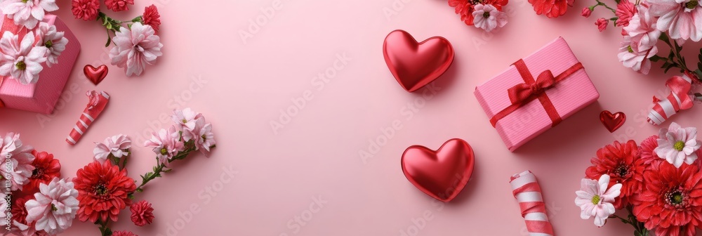 An enchanting mix of pink hearts, colorful flowers, and delightful gifts celebrates Valentines Day, symbolizing love and romance in detail, making the occasion memorable and special for couples An enchanting mix of pink hearts, colorful flowers, and delightful gifts celebrates Valentines Day, symbolizing love and romance in detail, making the occasion memorable and special for couples