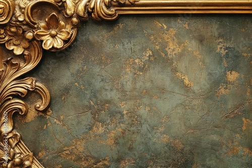 Detailed texture of an ornate old gold photo frame against a weathered background showcasing its intricate design elements photo