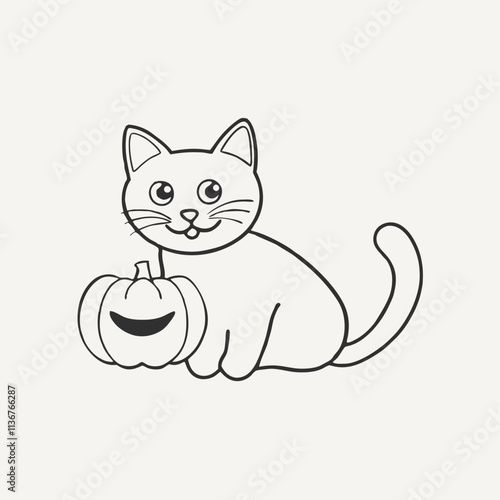 halloween witch black cat with hat and broom vector illustration. Spooky cartoon cat in witch costume with cauldron, pumpkin, skull.