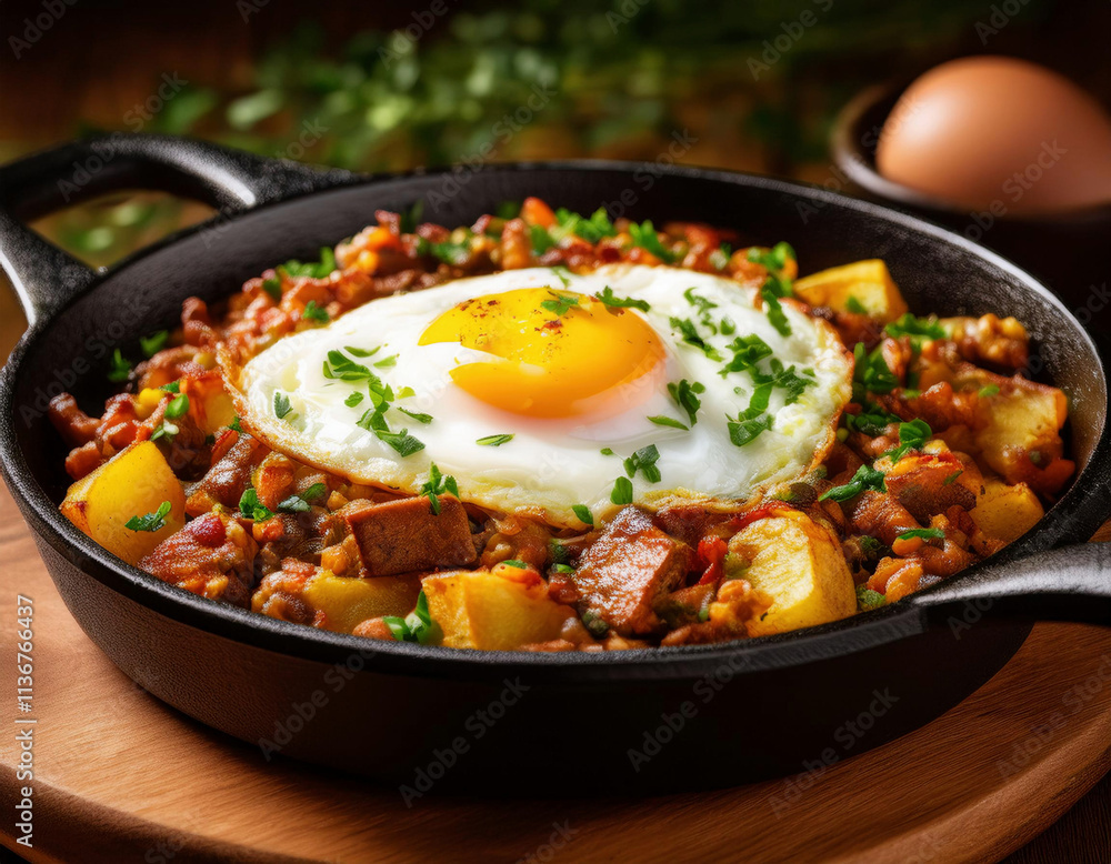 A hearty breakfast hash featuring a sunny-side-up egg, diced potatoes, and chorizo garnished with fresh herbs is served in a cast-iron skillet. A hearty breakfast hash featuring a sunny-side-up egg, diced potatoes, and chorizo garnished with fresh herbs is served in a cast-iron skillet.