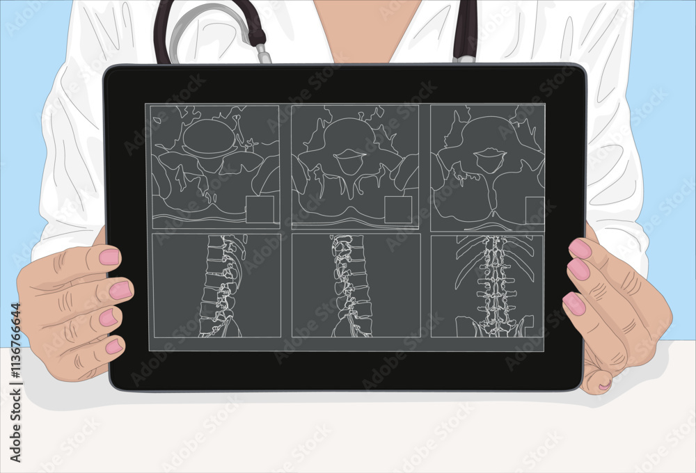 Doctor with tabletScientist Examines An X-ray Of Patient On Touch Pad. Medicine and health concept. Vector illustration design. Close Up