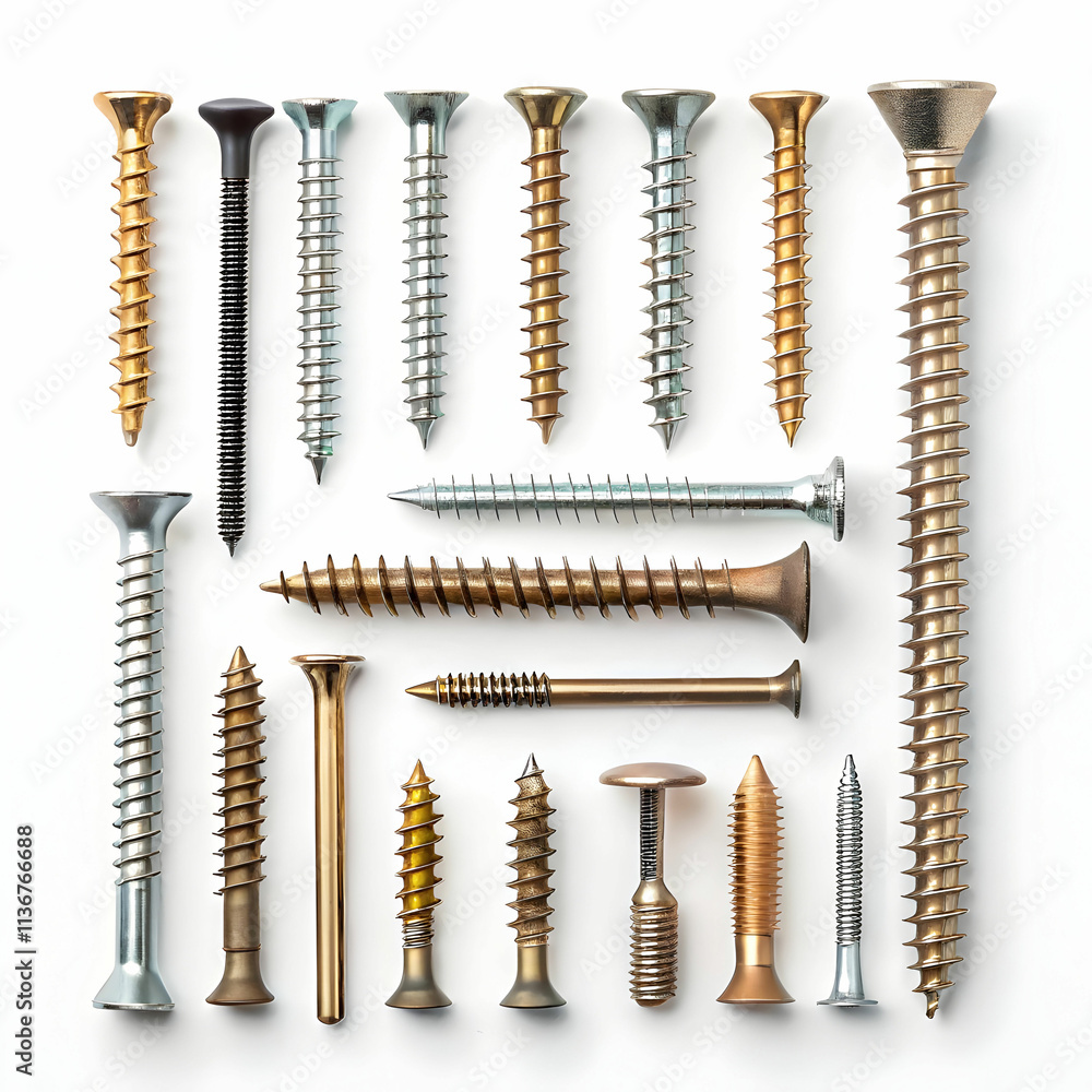 A flat lay of screws displays various sizes and types, organized neatly A flat lay of screws displays various sizes and types, organized neatly