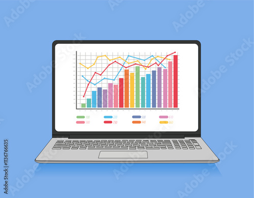 Laptop with charts and graph on screen on blue background. Analysis business accounting concept. Vector illustration design