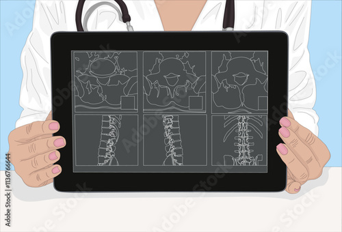 Doctor with tabletScientist Examines An X-ray Of Patient On Touch Pad. Medicine and health concept. Vector illustration design. Close Up