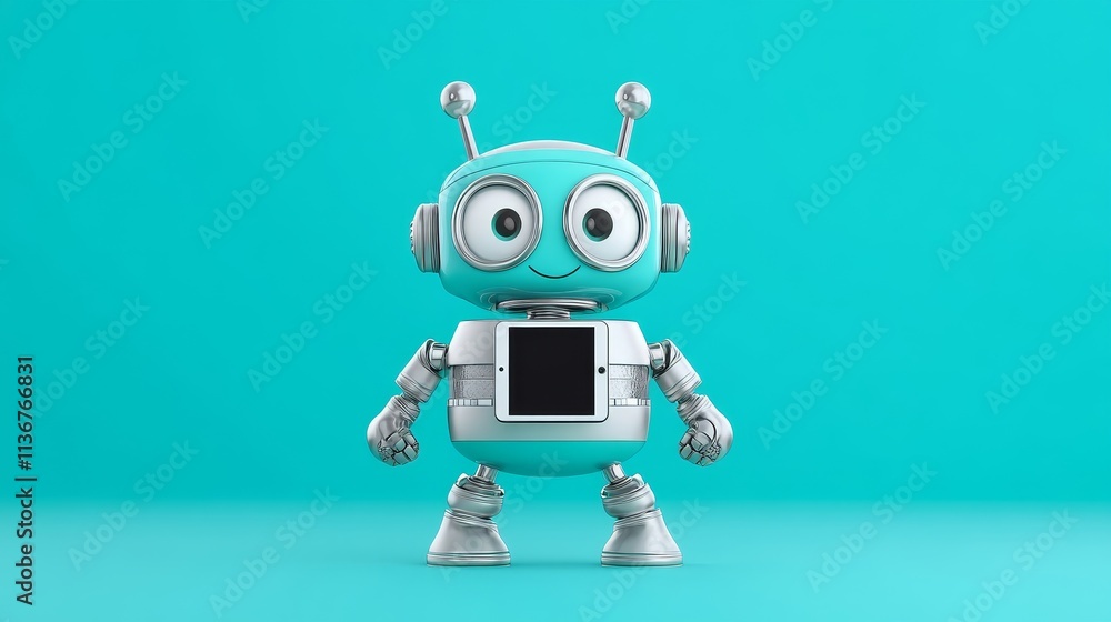 A robot with a black screen on its chest stands on a blue background A robot with a black screen on its chest stands on a blue background