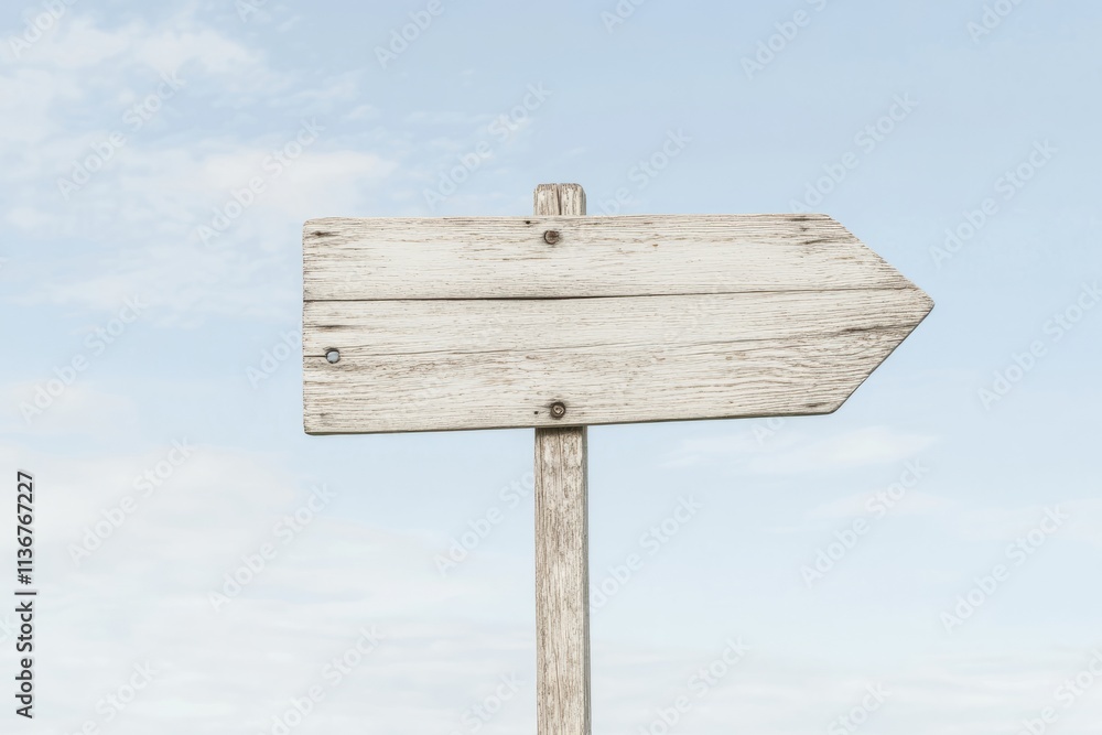 Fototapeta premium Sun-bleached wooden signage with weathered texture points toward an unknown destination under a bright sky