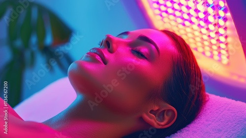 Person lying down under a colorful LED light therapy device for skincare treatment