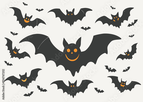 poster for happy halloween with bats flying around it white background