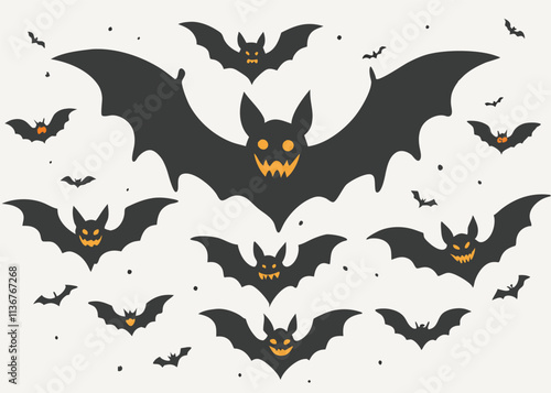 poster for happy halloween with bats flying around it white background