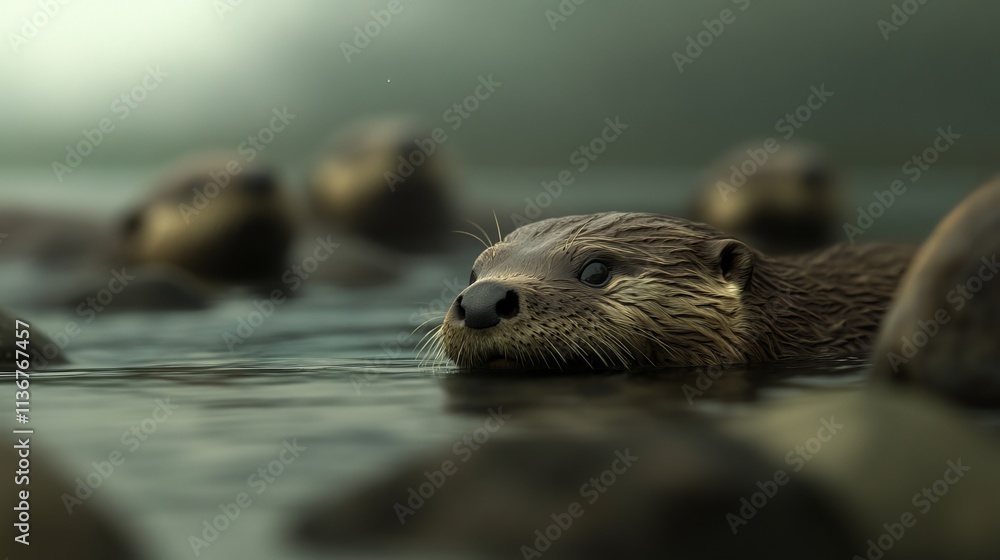 A charming river otter gliding through a calm waterway, surrounded by its playful companions in a serene, misty environment. A charming river otter gliding through a calm waterway, surrounded by its playful companions in a serene, misty environment.