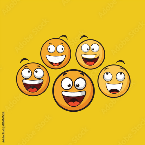 Cute and funny round faces with various emotions on the face Vector cartoon illustration isolated background.