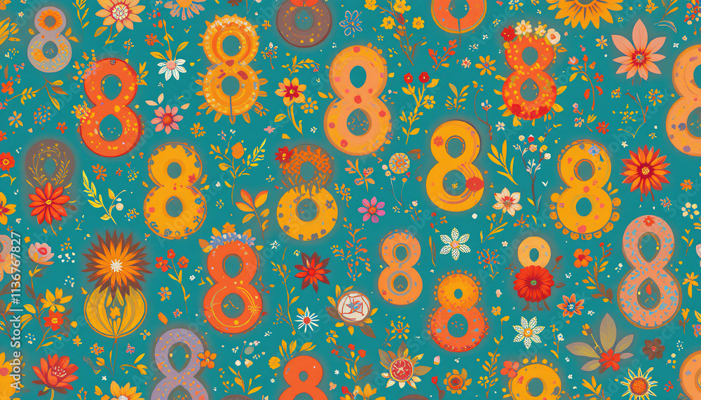 Fototapeta premium Spring pattern consisting of flowers and the numbers 8, suitable as a background for long-distance women's day.