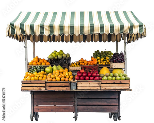 Wallpaper Mural Fruit stall with a variety of fruits and a striped canopy, isolated on white. Torontodigital.ca