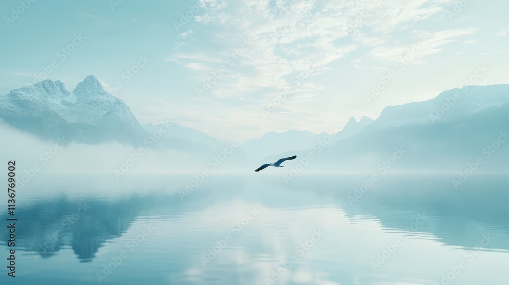 Fototapeta premium Serene Misty Mountain Lake with Bird in Flight