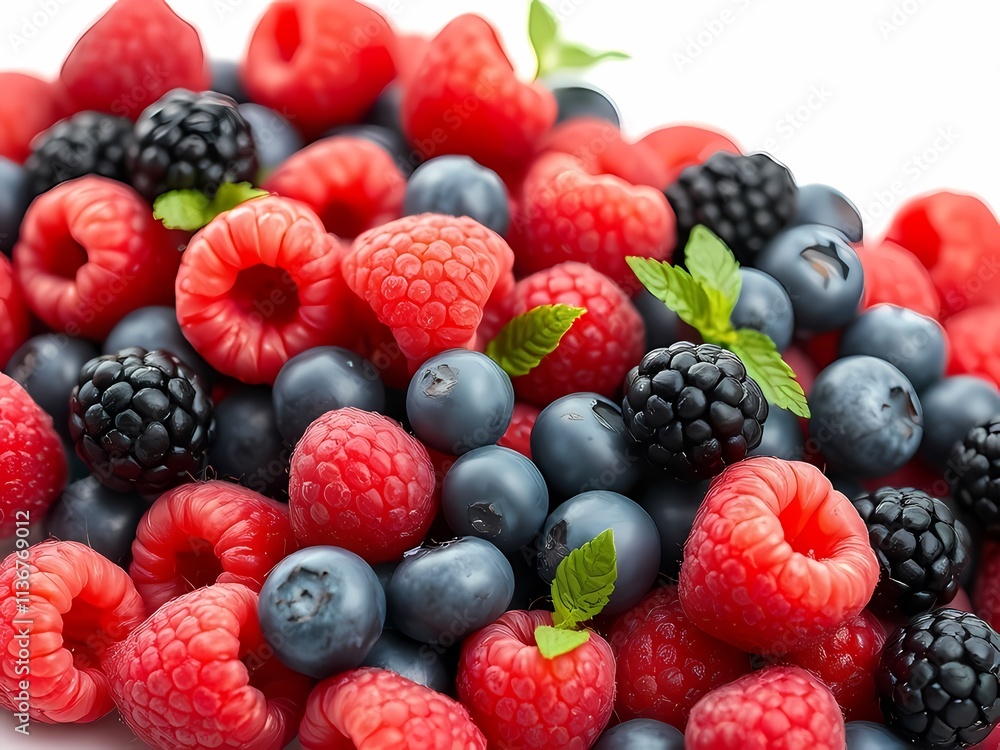 A vibrant assortment of fresh wild berries including raspberries, blueberries, and blackberries, showcasing their natural textures, rich colors, and dew drops.
A vibrant assortment of fresh wild berries including raspberries, blueberries, and blackberries, showcasing their natural textures, rich colors, and dew drops.
