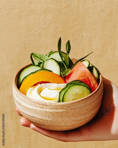 Bright summer salad featuring watermelon, cucumber, and vegan feta cheese photo