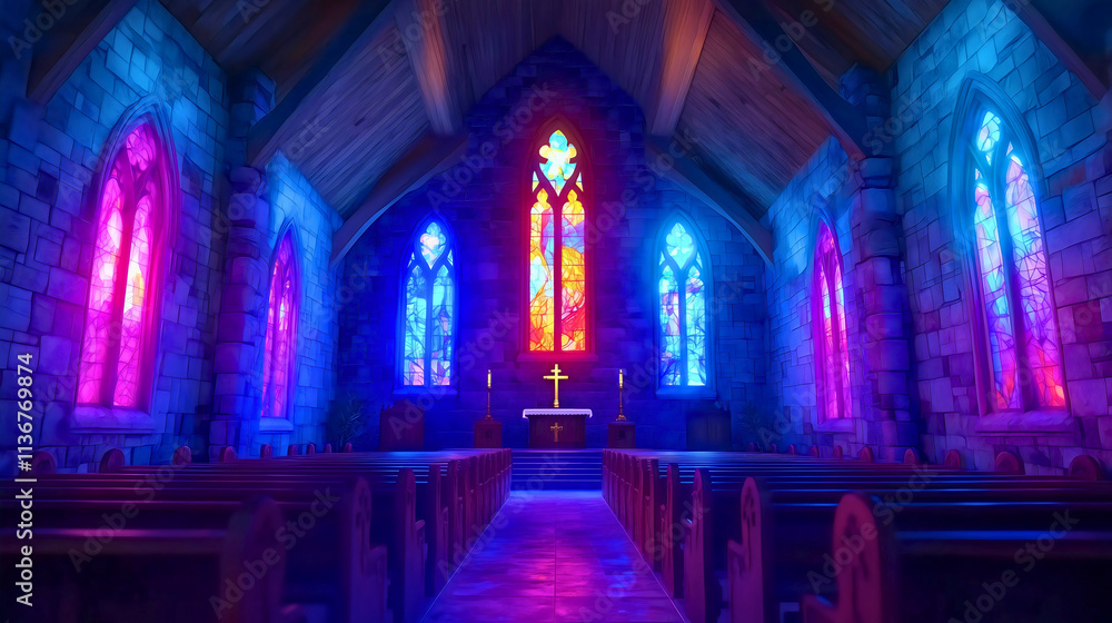 A serene interior of an old stone church with tall stained glass windows casting colorful light across the pews, creating a sacred and peaceful atmosphere. A serene interior of an old stone church with tall stained glass windows casting colorful light across the pews, creating a sacred and peaceful atmosphere.