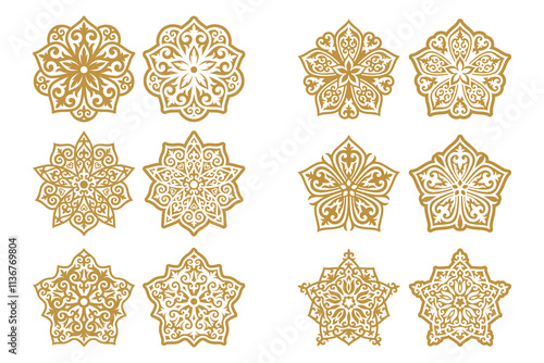 Vector Set of different gold ornaments in Kazakh style isolated on a white background. Decor in two variant the positive and negative. Elements of the national pattern of the ancient nomads