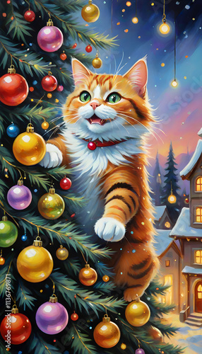 Cute naughty cat plays with the decoration in a Christmas tree